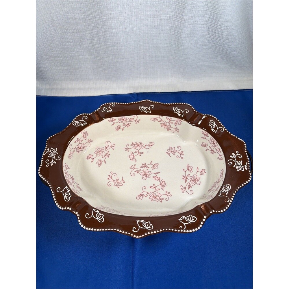 Temptations Floral Lace Chocolate 1.5 Qt Oval Casserole Baking Dish w Rack EUC